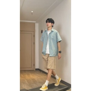 夏季美式格子短袖宽松男士衬衫