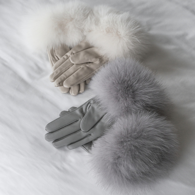 冬季真羊皮拼狐狸毛保暖手套