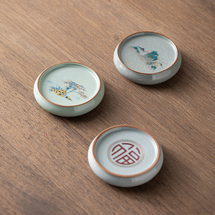 汝窑茶杯垫陶瓷茶具哥窑水杯实心茶道开片隔热垫盖置壶承圆形盖托