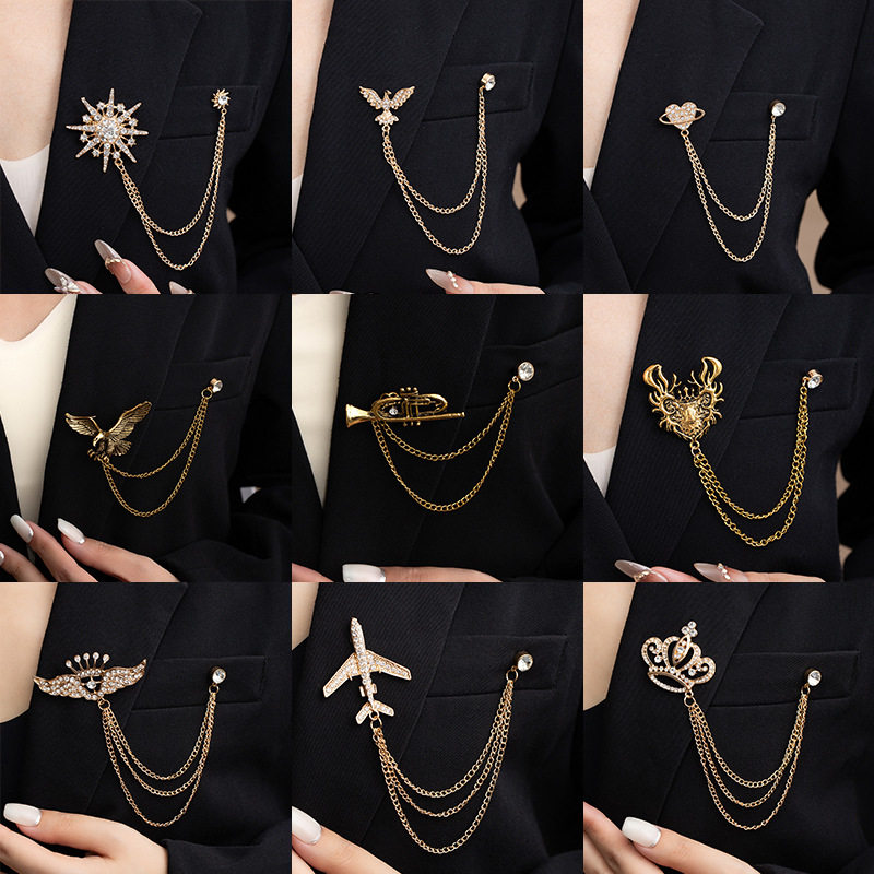 欧美复古皇冠流苏套链时尚胸针正装轻奢感水钻配饰胸饰