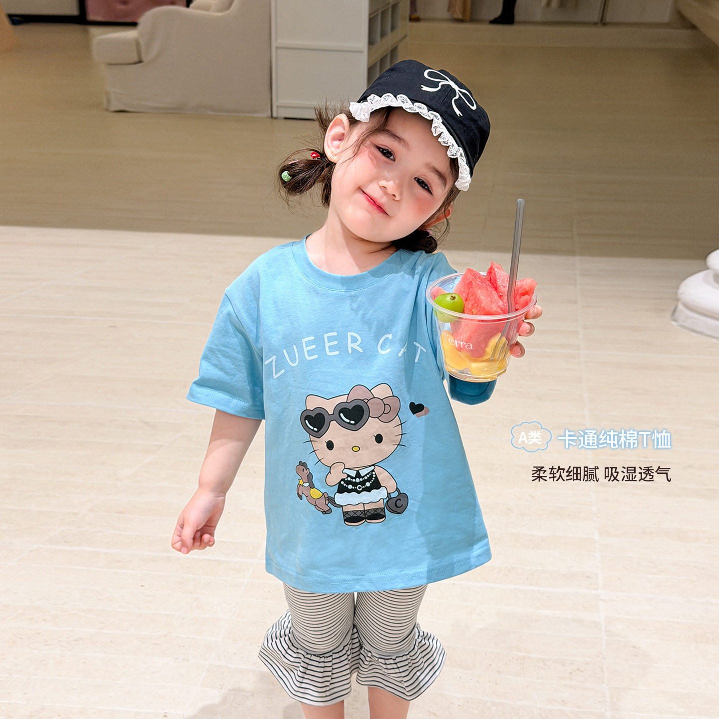 蔗梨童装女童套装短袖夏薄款休闲卡通风儿童衣服A类宝宝t恤五分裤