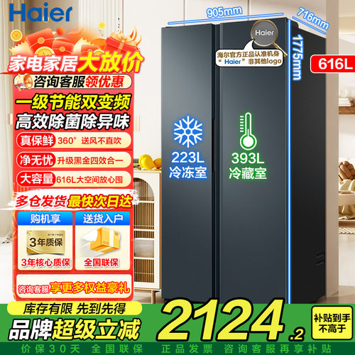 尔冰箱616L对开双开门家用大容量