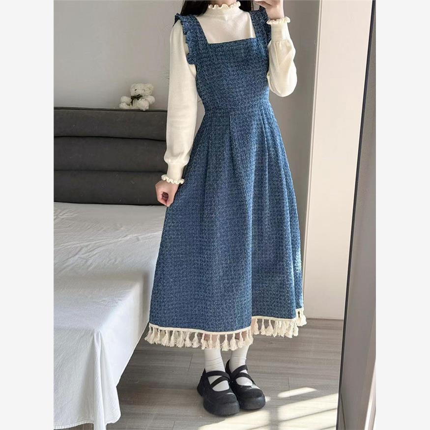 韩系复古设计感流苏拼接牛仔背带裙女生冬季百搭针织打底衫两件套