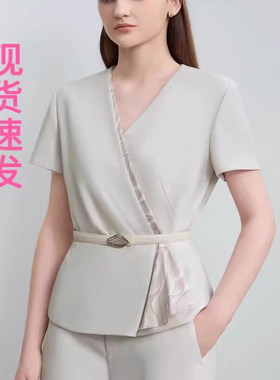 现货宝家女装2025春夏新款气质通勤V领拼接假两件收腰短袖衬衫