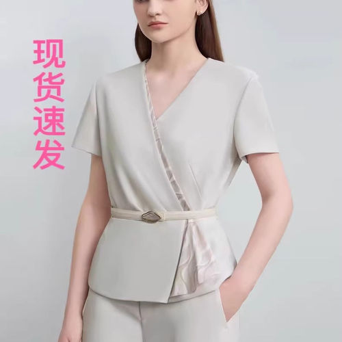 现货宝家女装2025春夏新款气质通勤V领拼接假两件收腰短袖衬衫