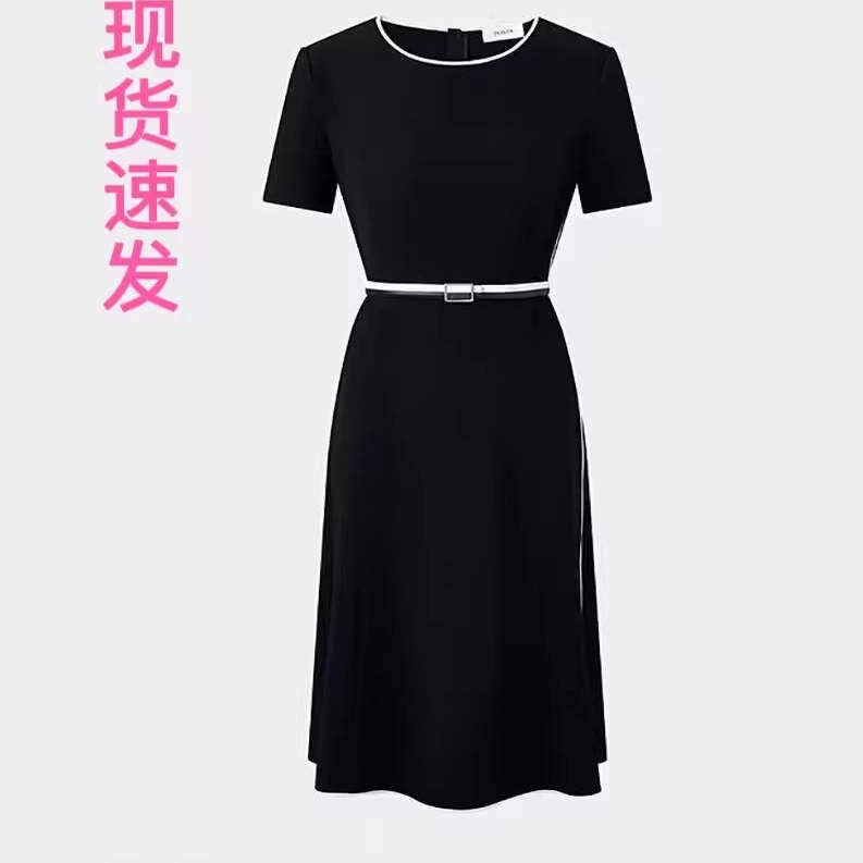 现货宝家女装2025春夏新款通勤时尚温柔简约白色撞边小黑裙