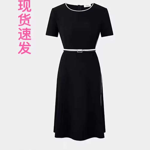 现货宝家女装2025春夏新款通勤时尚温柔简约白色撞边小黑裙