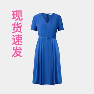 现货宝家女装 通勤气质V领风铃花蓝腰带造型连衣裙 2025夏季 新款