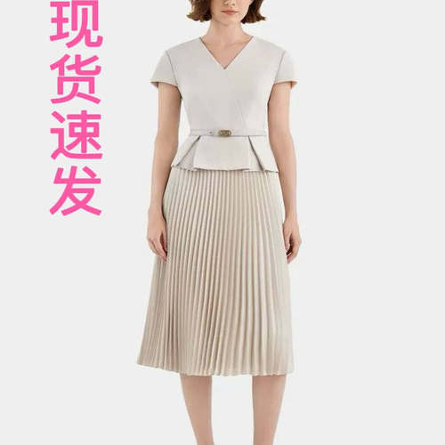 现货宝家女装春夏新款优雅气质米白色百褶拼接二合一收腰连衣裙