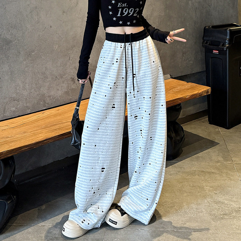 欧货2025春秋新美式运动裤女重工破洞提花卫裤高级感休闲百搭神裤