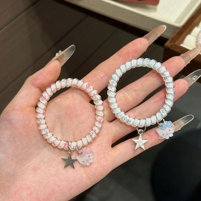 蓝粉色吊坠猫咪星星印花电话线圈高弹力无痕发绳甜美可爱发圈发饰