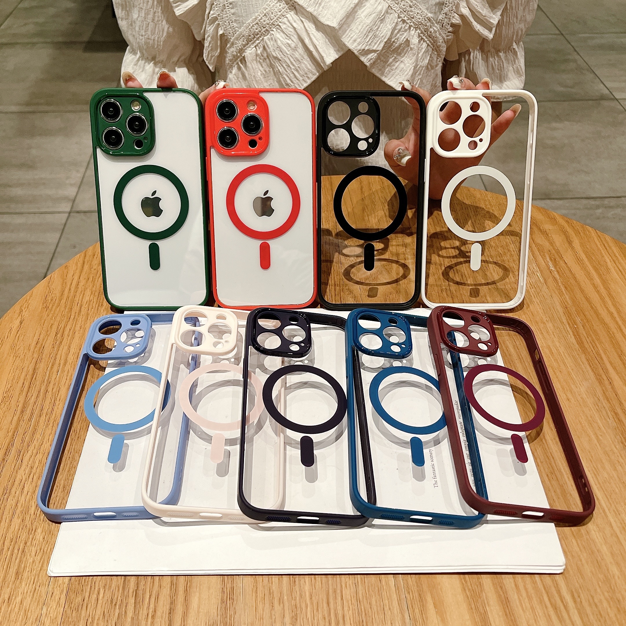 高颜值简约风纯色边框透明后壳15promax新款适用苹果15手机壳iphone13磁吸充电12酒红女11苍岭绿14plus远峰蓝