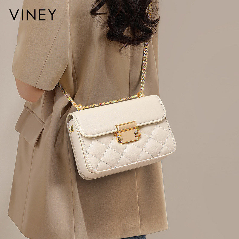 Viney包包2025新款真皮女包菱格链条斜挎包轻奢小众高级感小方包
