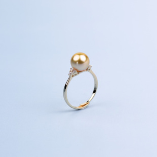 ANGEPERLE 10mm 天使之泪海水珍珠金珠戒指S925银9