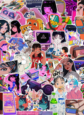 168张城市女孩CityPop贴纸少女手帐高颜值炫酷风蒸汽波装饰手机壳