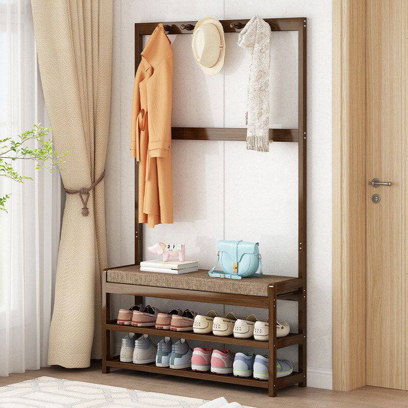 出租房衣帽架现代换鞋凳多功能实木鞋柜家用门厅衣架落地简约一体