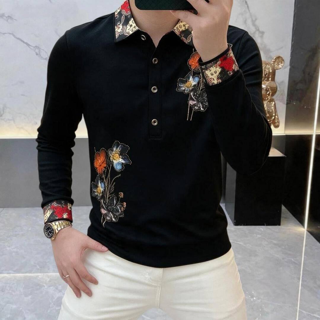 云枢优衣馆LMVQ秋季新款男士翻领烫钻高级设计感纽扣POLO长袖时尚