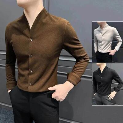 HQ轻奢严选羊毛mV领长袖衬衫男新中式立领中山装s秋冬毛呢男士衬