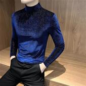 秋冬上衣格子长袖 圣保蒙轻奢男装 金丝绒半高领男打底衫 .可内搭保