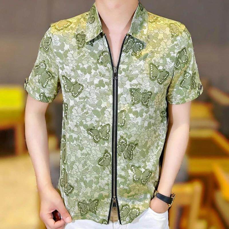 QINGL轻奢夏季男士休闲时尚百搭轻奢蝴蝶图案双拉链翻领短袖衬衫
