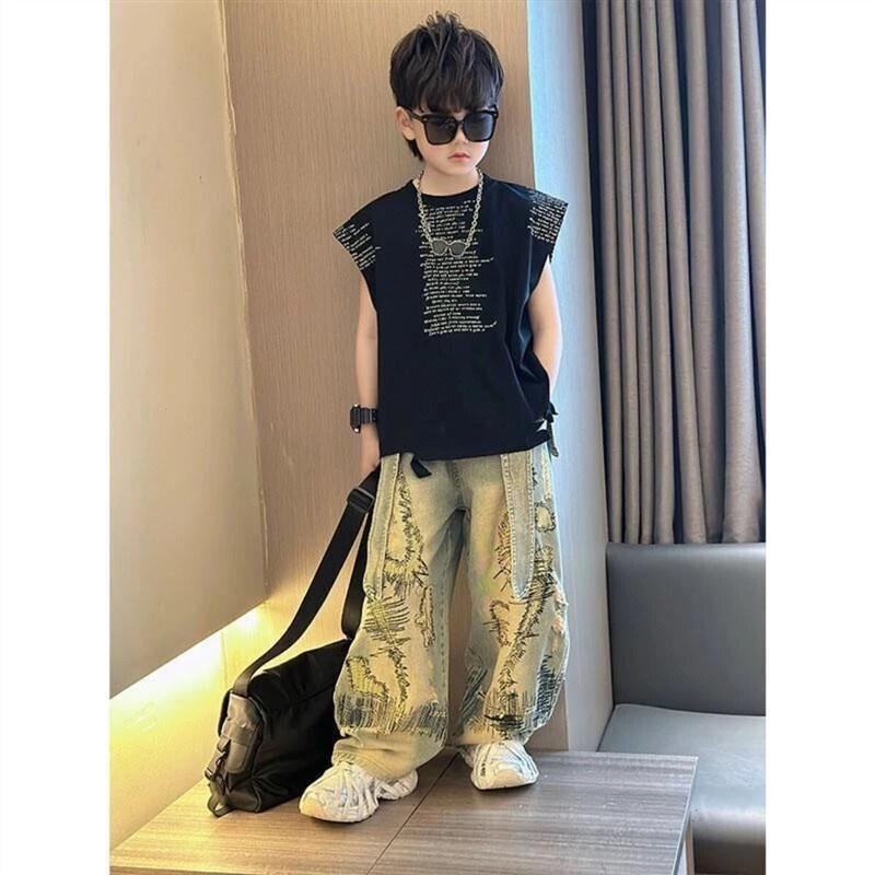 曜晨童品馆男童夏季套装儿童时髦牛仔裤男孩时尚百搭长裤两件套
