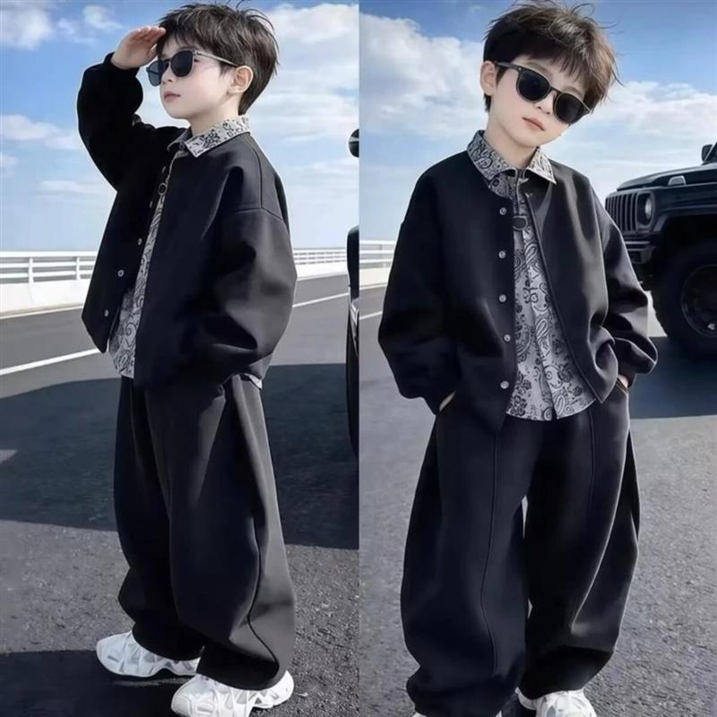 2麦多多童装优选男童秋套装儿童老钱风长袖衬衫棒球服休闲三件套
