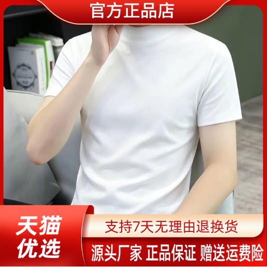 擎凌轻奢精品欧货男高级感半高领休闲修身纯色短袖T恤打底衫上衣