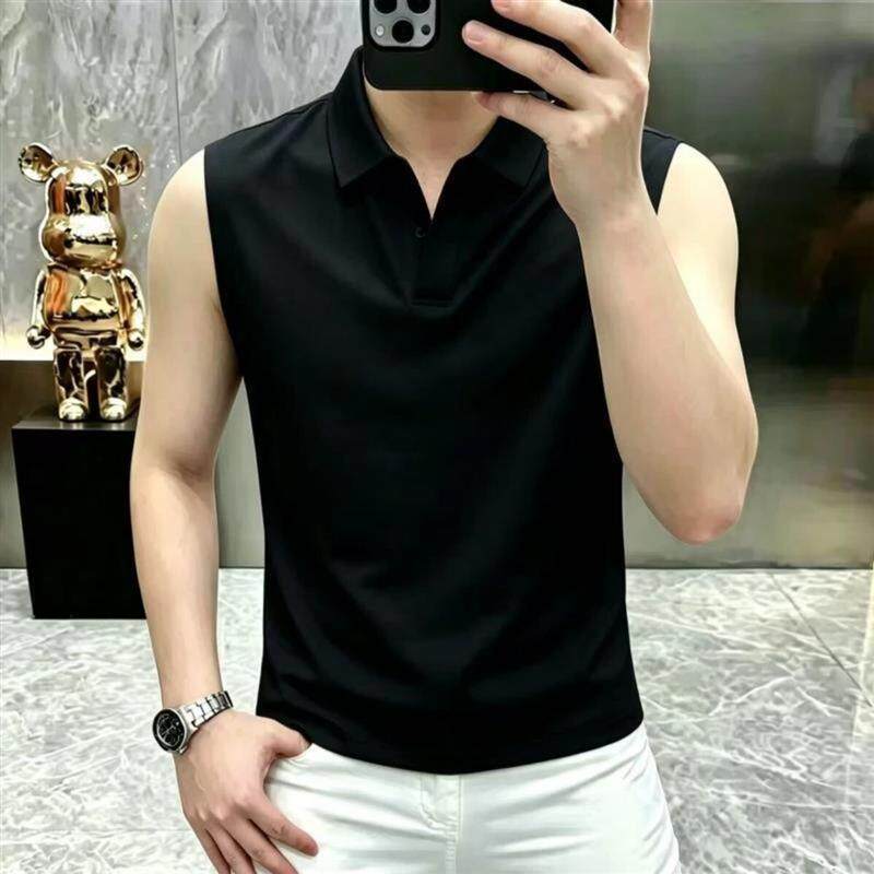 迈潮服饰店2纯色中年男士无袖Polo背心夏季翻领上衣爸爸日常休闲