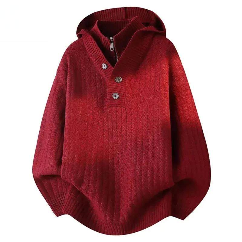 塔弗森男装专营红色假两件连帽毛衣男冬季慵懒毛线衣针织衫卫衣