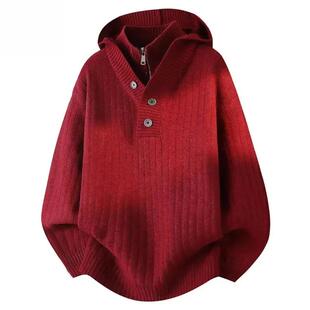 塔弗森男装专营红色假两件连帽毛衣男冬季慵懒毛线衣针织衫卫衣