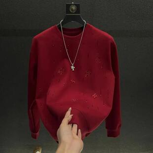 迈潮服饰店爆款新年卫衣320g男款刺绣上衣小花流星烫钻轻奢长袖