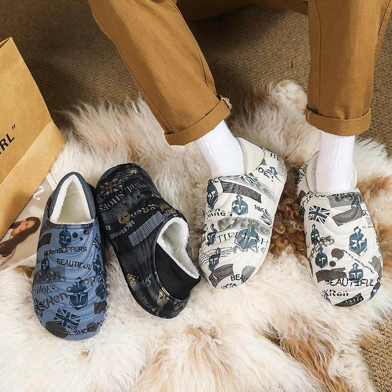 棉轩百货男士潮流印花包跟拖鞋秋冬厚底防滑加绒棉鞋踩屎感棉拖