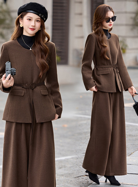 职场不费力穿搭女秋冬毛呢阔腿裤两件套高级感时尚减龄套装