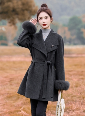 2025秋冬小香风毛呢外套女大翻领中长款系带收腰显瘦高级感大衣
