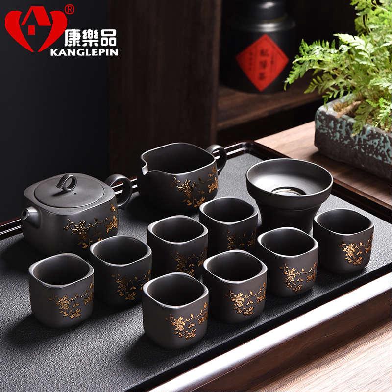 康乐品紫砂功夫茶具套装新款描金叶家用会客泡茶壶办公喝茶杯礼盒
