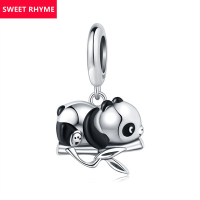 原创925纯银竹子上的小熊猫吊坠DIY手链饰品珠子配件跨境挂件