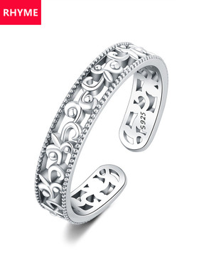 原创925纯银 复古花纹开口高端戒指女简约个性可调节欧美时尚指环