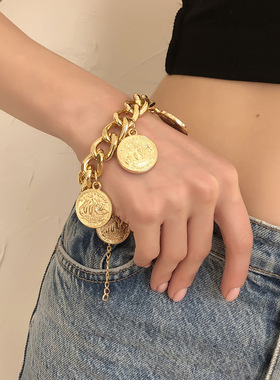 欧美跨境粗链条手饰女 人像硬币夸张朋克嘻哈风手链几何配饰配饰