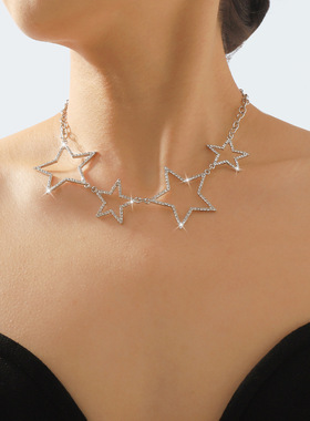 跨境时尚五角星闪钻项链复古优雅