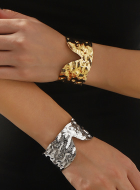 欧美跨境几何型简约麻面夸张手镯