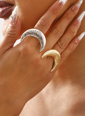 欧美时尚个性ins风金属高端戒指女 复古夸张流行月亮肌理感开口戒