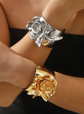 欧美设计感花卉金属光面开口高端手镯 轻奢小众甜酷个性宽版手环