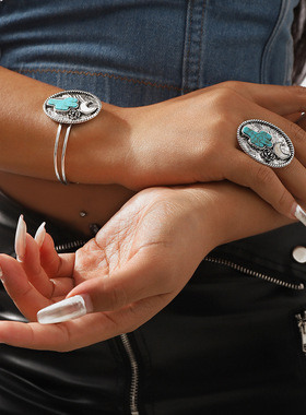 西部牛仔风复古做旧月下玫瑰仙人掌手镯欧美个性创意几何圆盘戒指