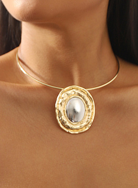 欧美跨境拼接椭圆镜面奢华高端项链女 金属拼色吊坠necklace项圈
