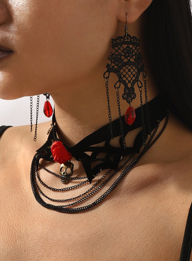 万圣节哥特风黑色链条多层玫瑰项