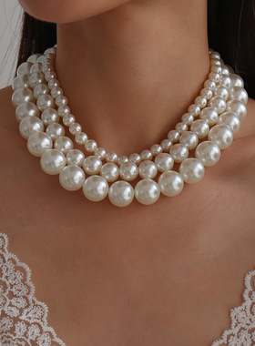 欧美复古优雅时尚choker颈链 夸张珍珠几何个性气质高端项链女女