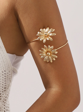 跨境欧美高端手镯潮酷可调节手饰女 简约设计感花朵树叶开口臂环