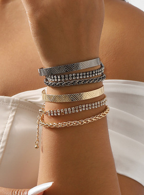 欧美跨境个性几何多元素爪链手链 小众复古链条古巴链手镯套装女