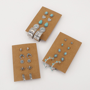 欧美跨境复古波西米亚风镶绿松石耳环 民族风雕花爱心耳钉套装女