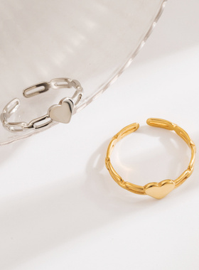 甜美爱心镂空链条不锈钢戒指气质